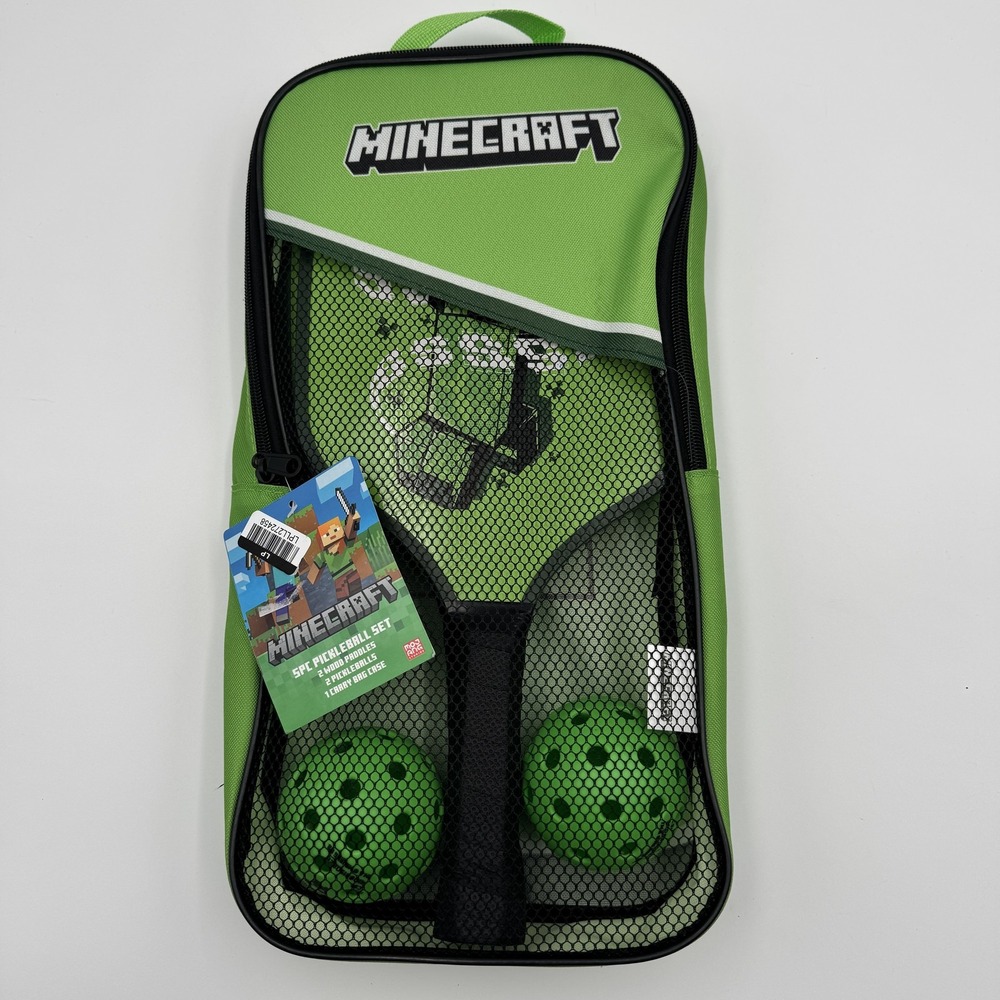 Minecraft Creeper 5pc Pickleball Set Wood Paddles Carry Bag New